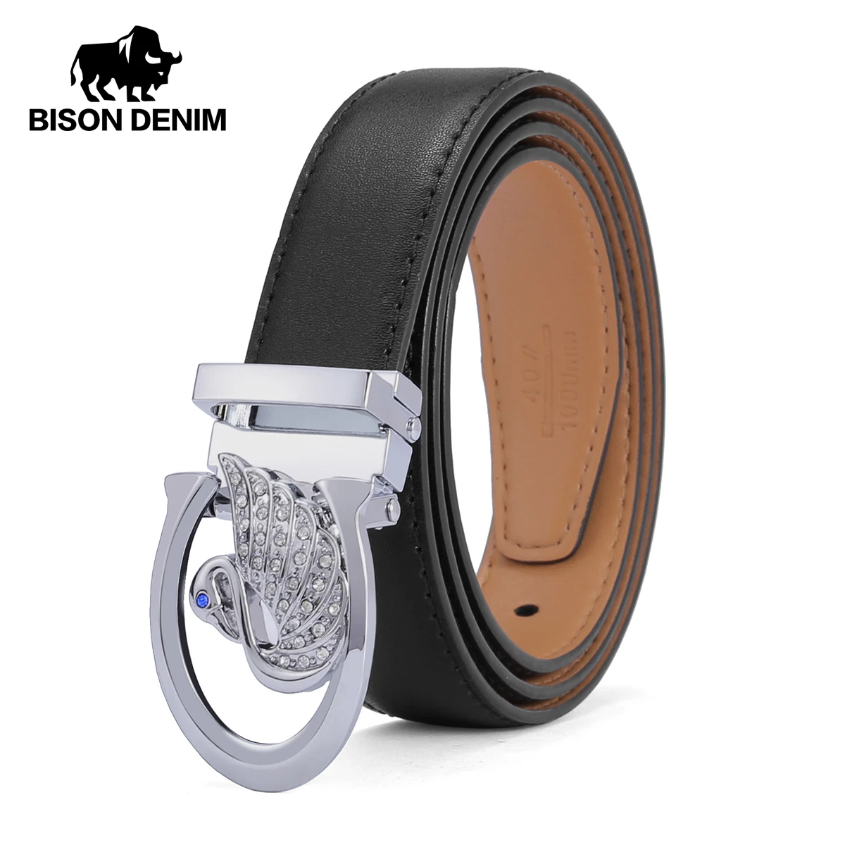 Женский ремень из воловьей кожи BISON DENIME черный и красный с металлической пряжкой