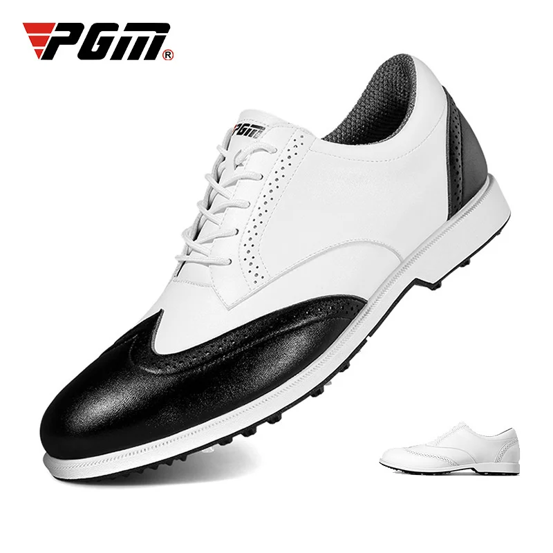 

PGM Mens Golf Shoes with Spike Men's Sneakers Waterproof Anti-skid British Style Casual Microfiber Leather All White Black XZ168
