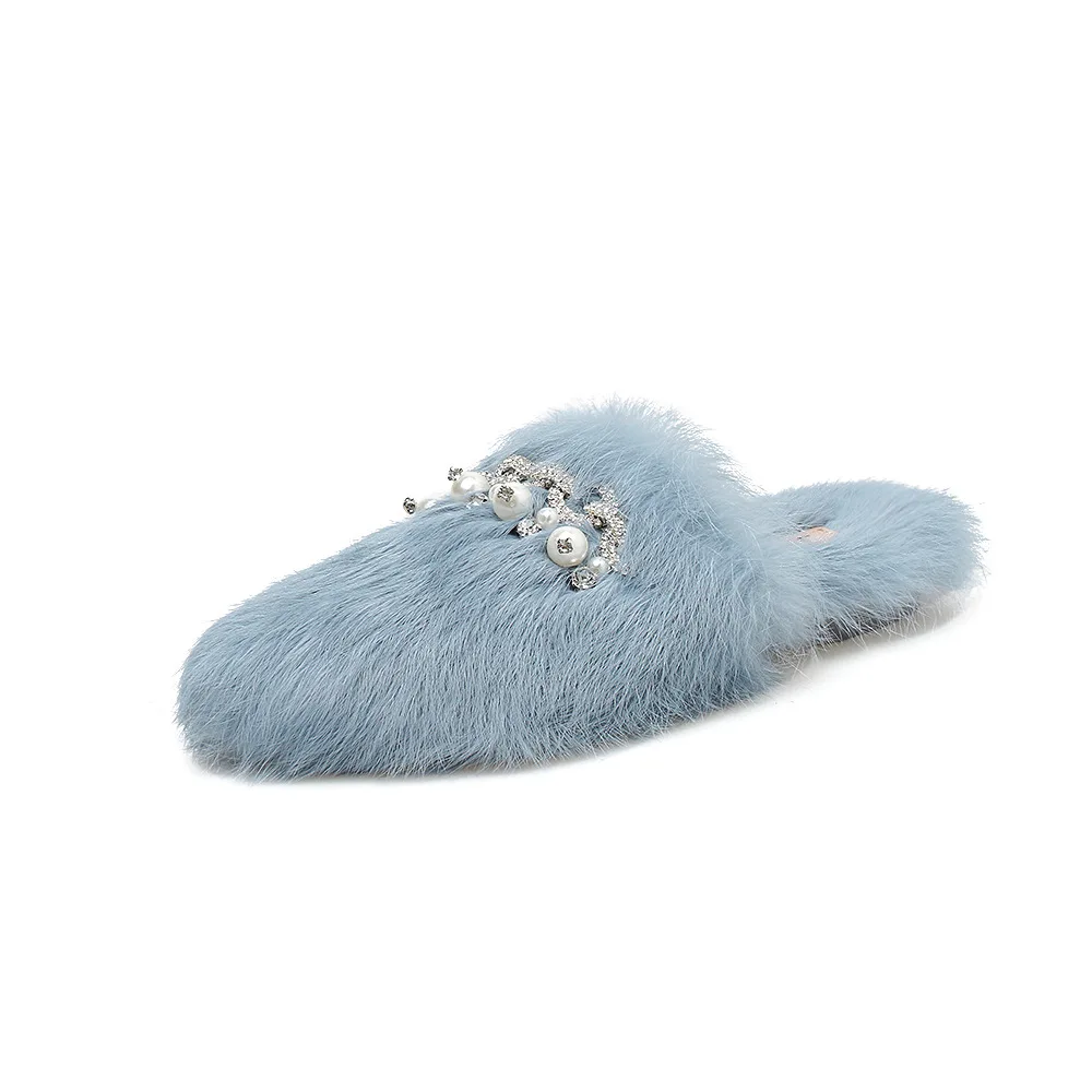 upscale genuine rabbit hair mules sliders flats women winter warm long fur pearl crystal slippers soft bottom non-slip flipflops | Обувь