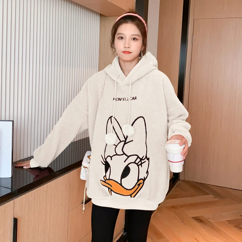 Зимние теплые толстовки с капюшоном Disney женская одежда вышивкой Дональд Дак и