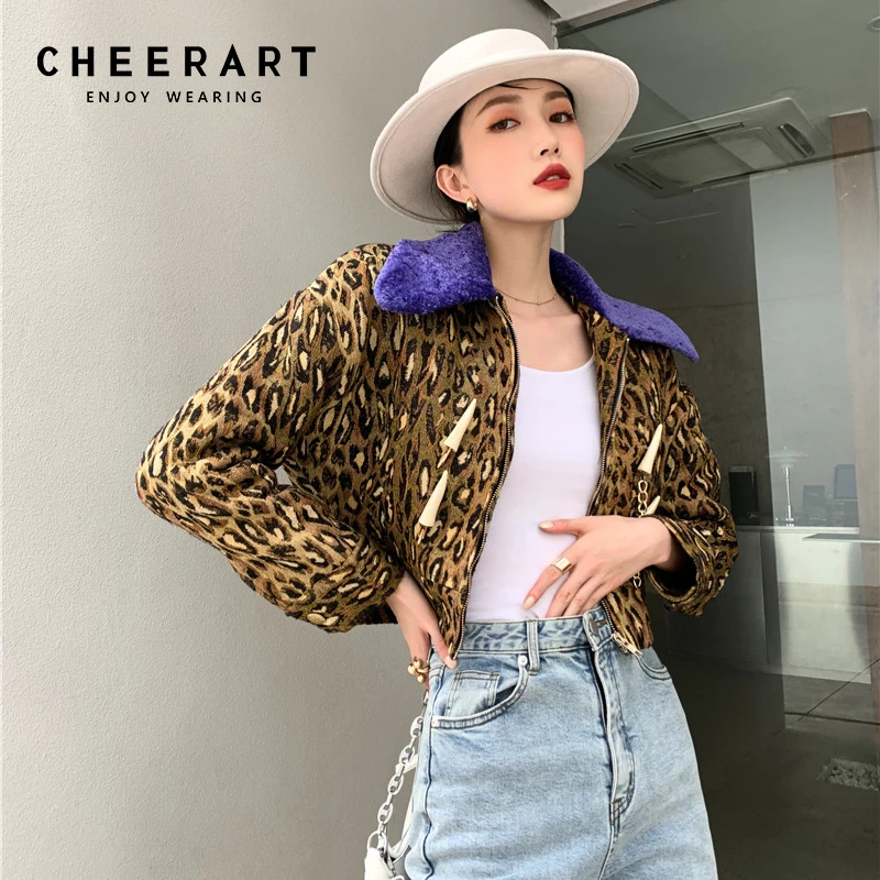 

CHEERART Leopard Print Brown Furry Cropped Jacket For Women 2021 Winter Fur Collar Luxury Designer Mink Coat Warm Clothes