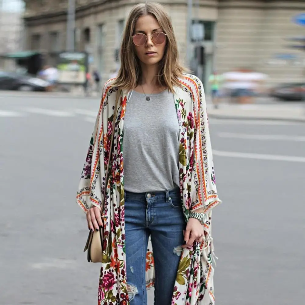 Женский Длинный Шифоновый кардиган-кимоно Повседневная рубашка Пляжная модная