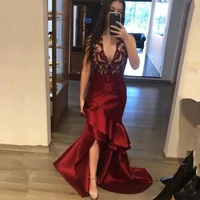 burgundy halter mermaid prom dresses 2021 high low lace appliques beads party evening gown satin sweep train sexy backless
