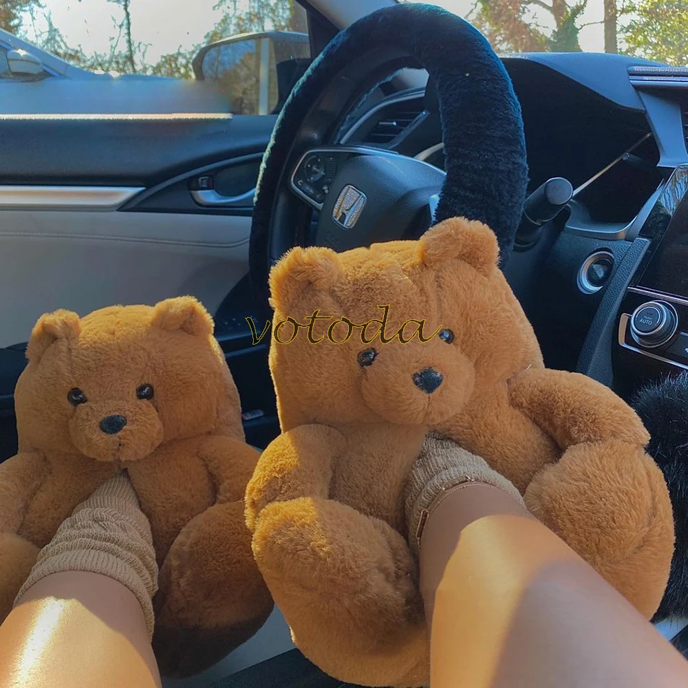 Teddy Bear Slippers Women Cute Cartoon Slides Furry Warm Soft Shoes Home Non-slip Cotton Flip Flops Rainbow Teddies Bear Slipper best house slippers