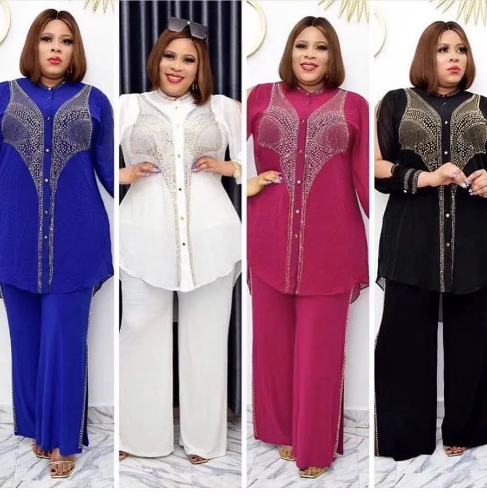 

African Women Two-piece Suit Hot Rhinestone Irregular Fashion Casual Solid Chiffon Shirt Wide Leg Pants African Women Clothes