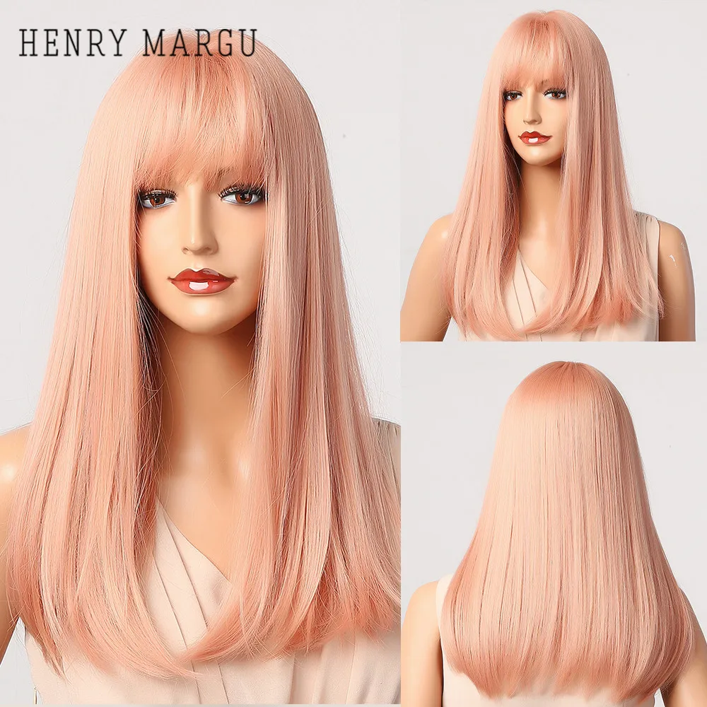 

HENRY MARGU Long Light Pink Ombre Synthetic Hair Wigs for Women Straight Cosplay Wigs With Bangs Heat Resistant Natural Wig