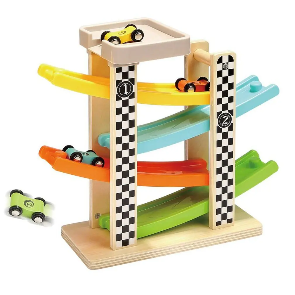 

Wooden Track Car Toy Sliding Cars Racing 4-layer Slider Ladder Slot Track Play Set For Kids Turning Back Ramp Auto Racing Game