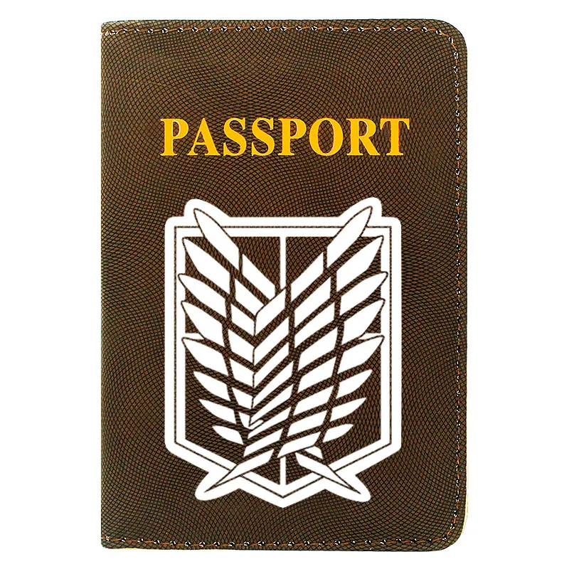 

Fashion Women Men Passport Cover Pu Leather White Attack on Titan Symbol Printing Travel ID Credit Card Holder Packet Wallet