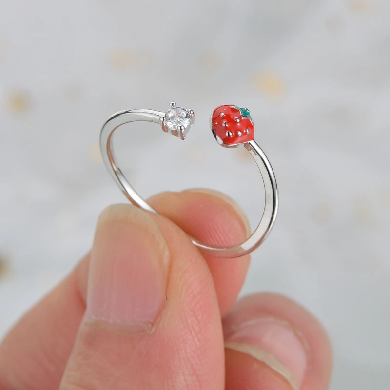 Симпатичные Регулируемые кольца с кристаллами красный цветок флейта клубника