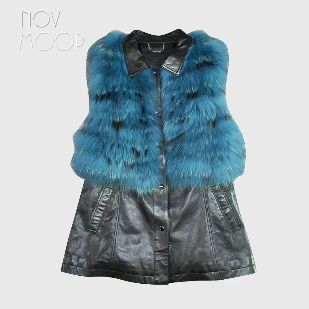 

Черный жилет из натуральной кожи, овчина, куртка, Женский Длинный жилет, синий жилет из натурального Лисьего меха, gilet chalecos mujer colete LT103