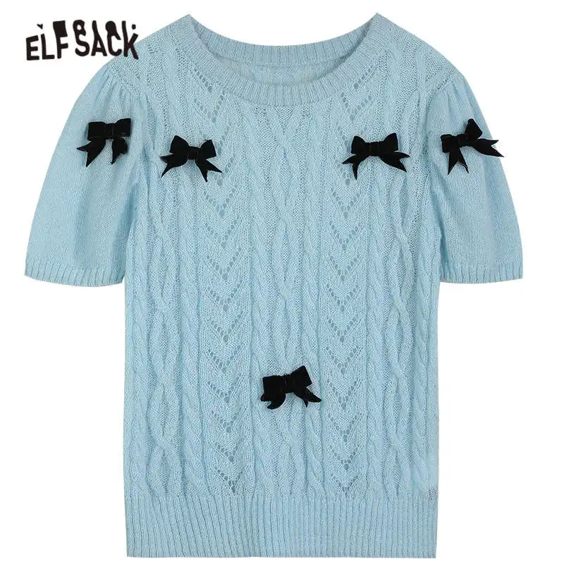 ELFSACK Solid Bows Applique Women Casual Knit Pullover Sweaters,2021 Summer Vintage Minimalist,Casual Girly Daily Sweet Top