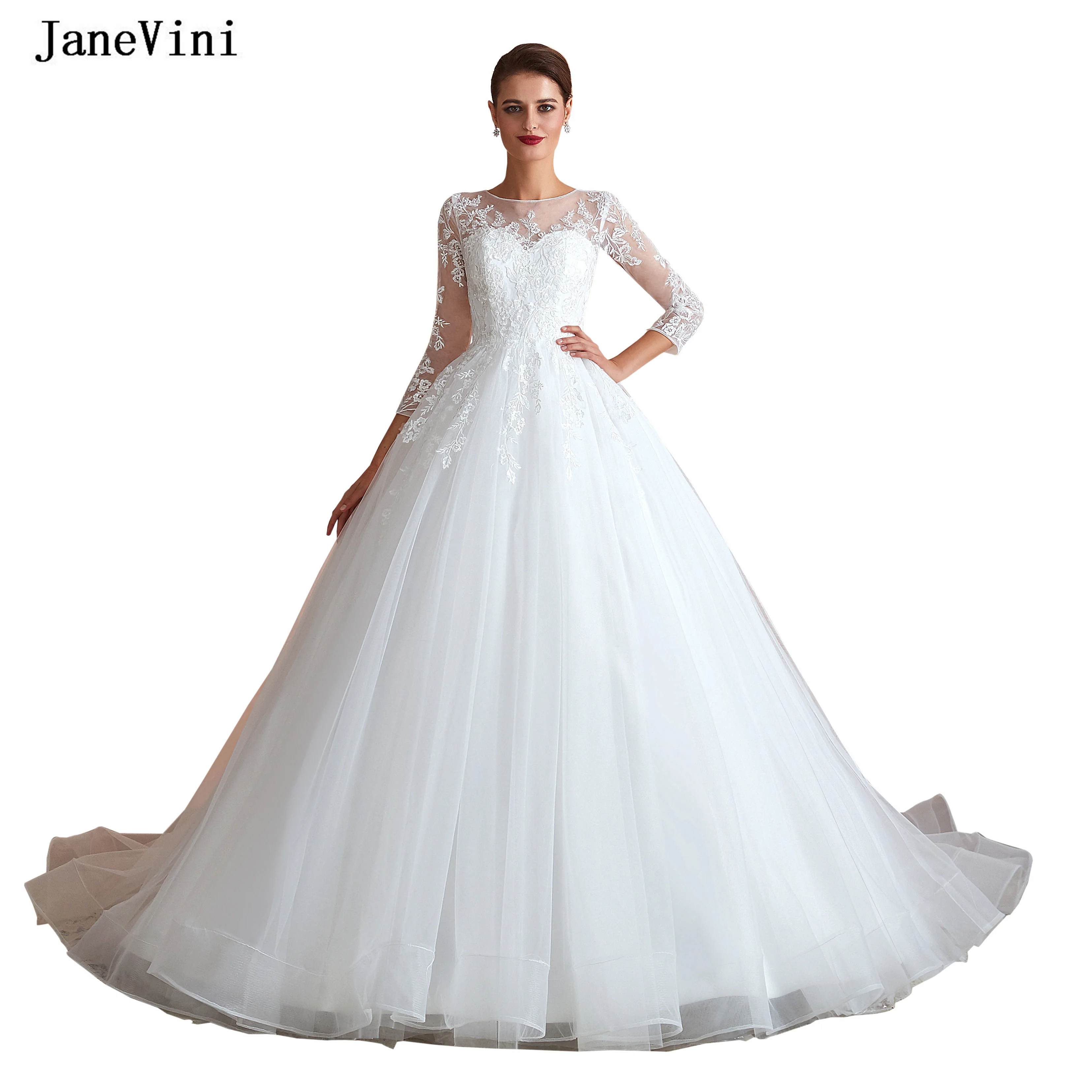 JaneVini элегантное ТРАПЕЦИЕВИДНОЕ белое длинное свадебное платье принцессы с