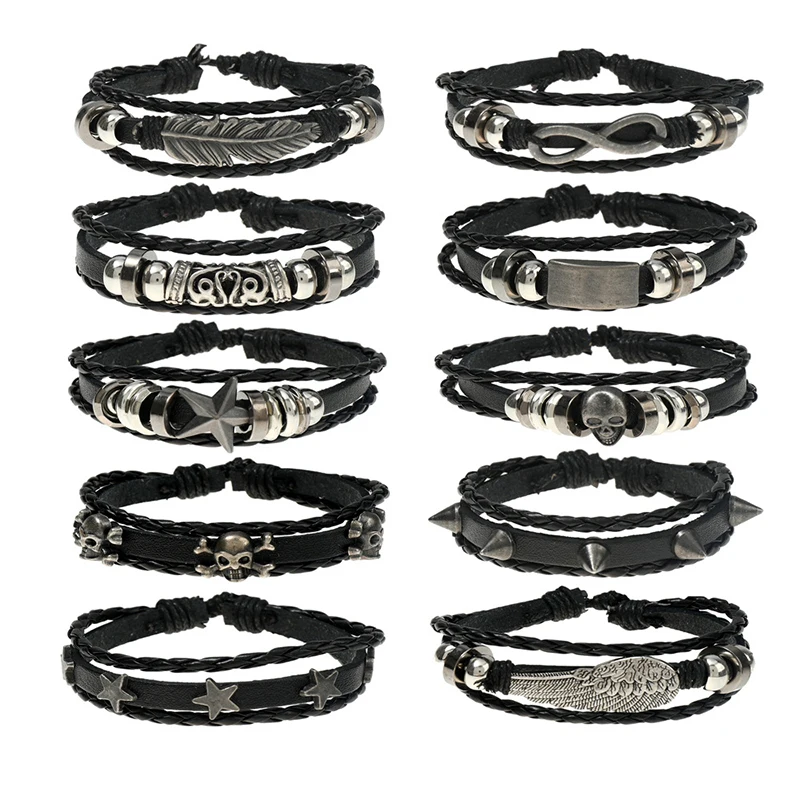 

Jessingshow Fashion Black 12 Pcs/set Handmade Weave Charm Wrap Leather Men Bracelets for Women Bangles Homme Male Jewellery