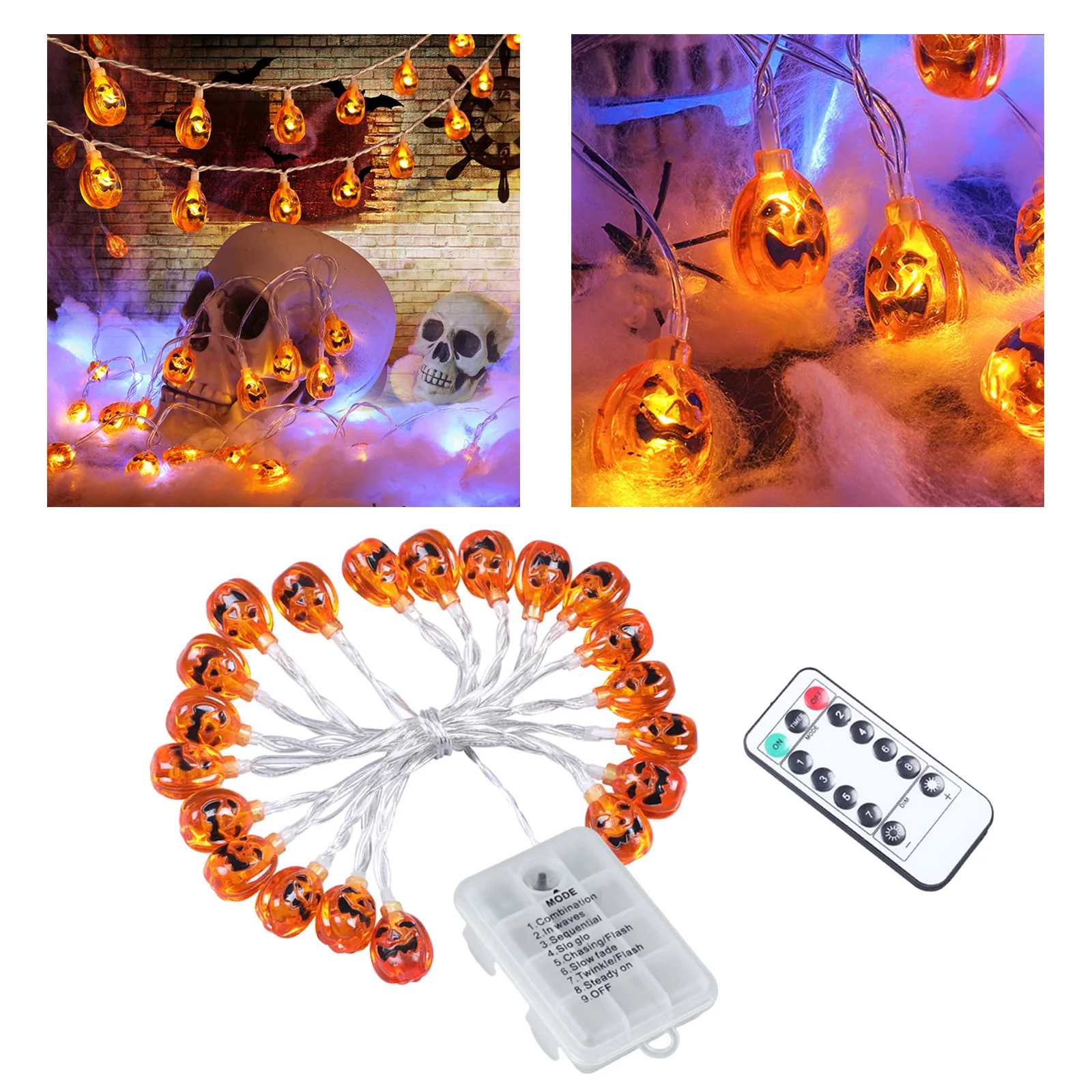 

Pumpkin String Light Faces 8 Mode with Remote Halloween Spooky Cosplay Yard Porch Battery Fence Terrace LED Lights Fall Decor