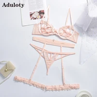 aduloty new sexy perspective stitching garters lingerie set underwire gathering hollow bra eroticthong see through underwear