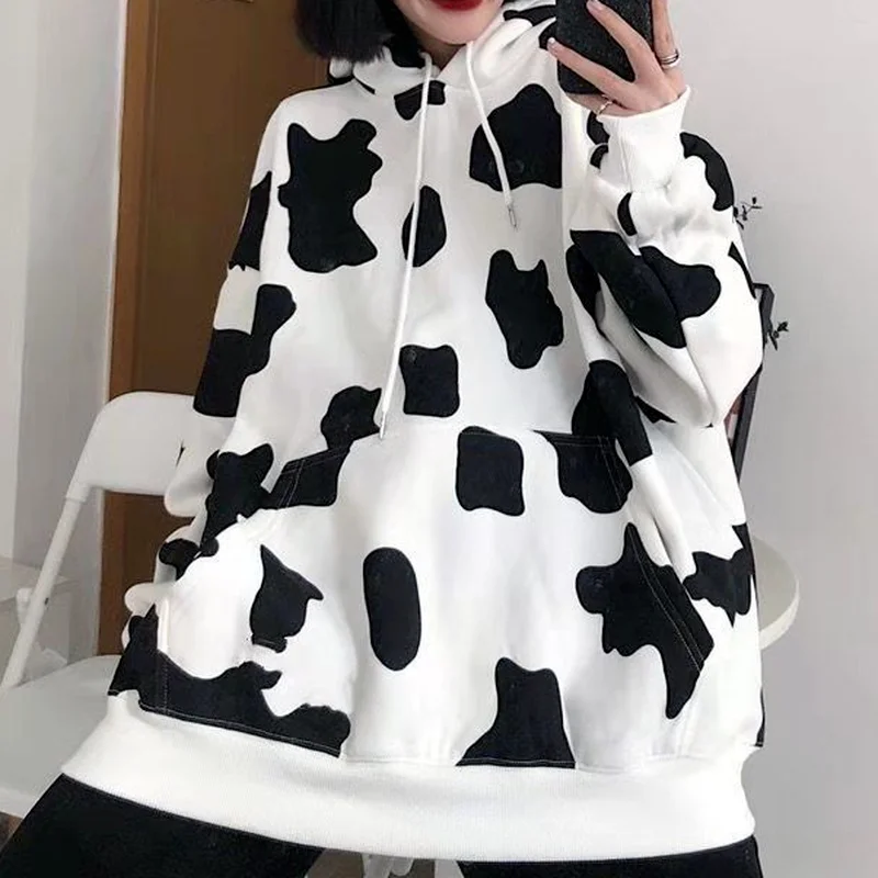 

Deeptown Kawaii Cow Print Oversize Hoodies Women Harajuku Korean Style White Crewneck Long Sleeve Pullover Sweatshir Cute Tops