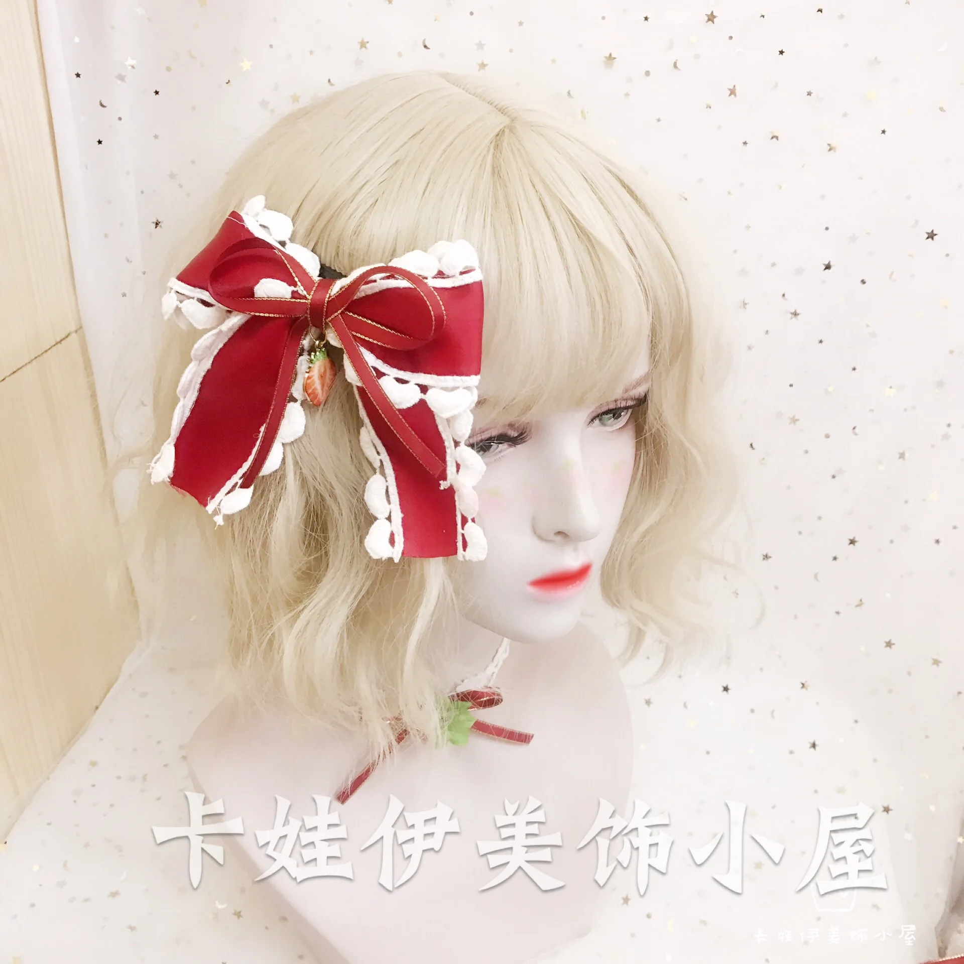 

Japanese sweet Lolita red plaid hair band KC lace strawberry hairpin lolita hair accessories star month clip headband
