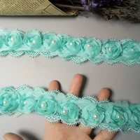 1 yard green pearl chiffon flower embroidered lace trim ribbon floral applique fabric handmade wedding dress sewing craft