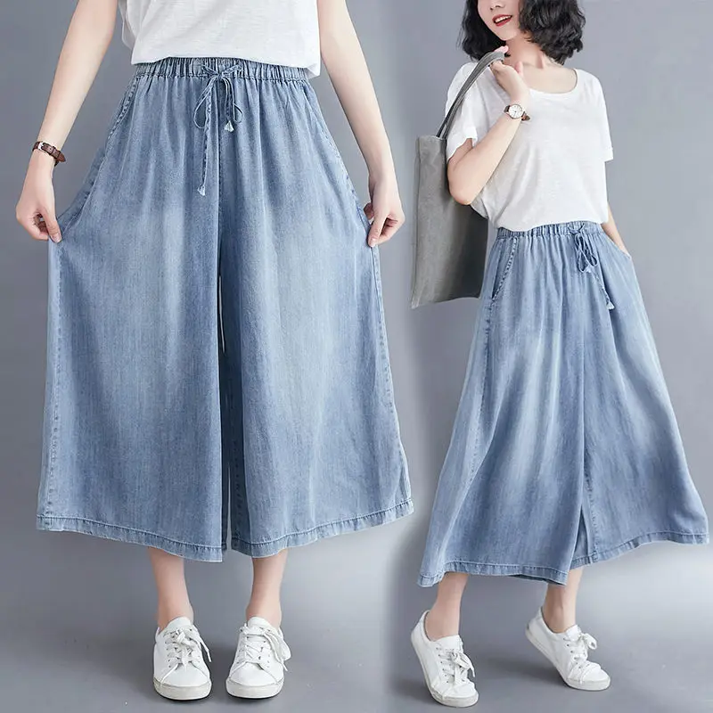 

2020 Summer Pants Large Size Elastic Waist Drawstring Tencel Denim Wide-leg Pants Loose Cropped Pants Women Jeans Trouser K251