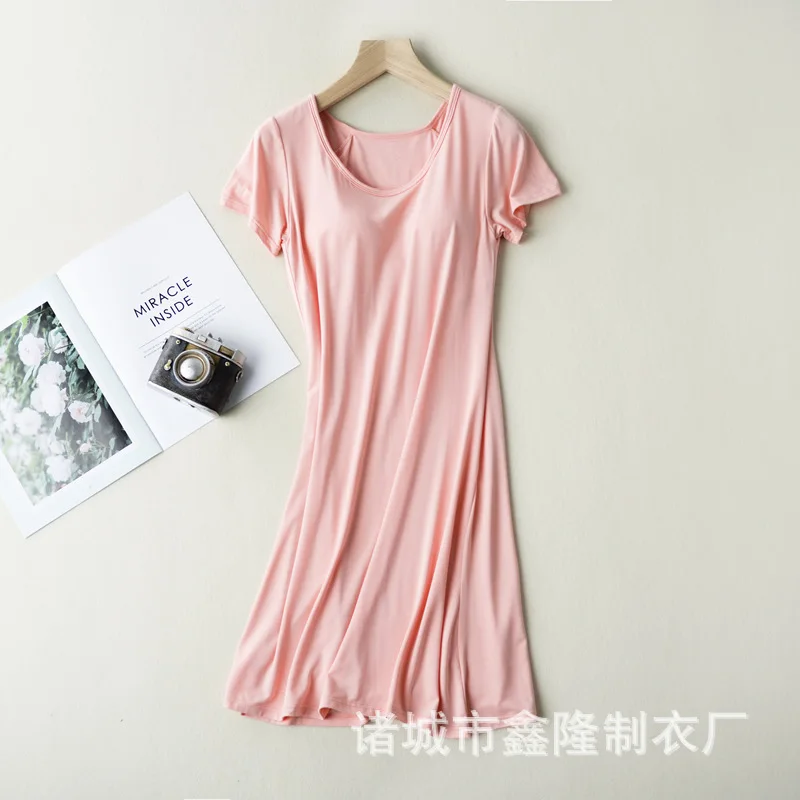 Spring and Summer Modal Short Sleeve Nightdress with Breast Pad No Bra Thin Large Home Dress Women's Home Wear Sexy Nightgown