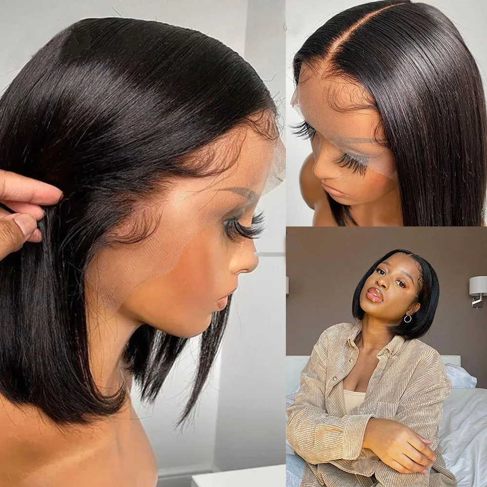 

Short Cut Bob Lace Front Human Hair Wig Silky Straight Remy Average Size Cap Glueless Wig with Baby Hair Preplucked Brazilian
