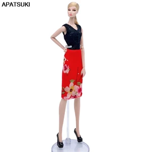 Черная жилетка, красное Цветочное платье, модная одежда для кукол, наряды для кукол Барби, короткие платья, вечернее платье, аксессуары для кукол 16