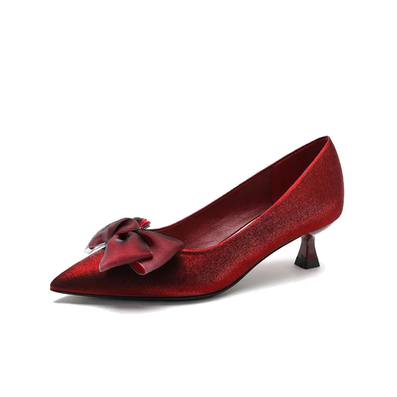 

4cm New Lace Bridesmaid Med Heels Female Pointed Toe Satin Plus Size Bridal Shoes 41 42 43