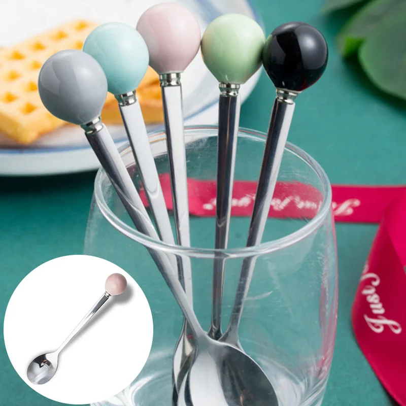 

1pcs color ceramic handle spoon Japan and South Korea creative stainless steel fruit fork stainless steel ceramic mixing spoon