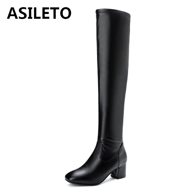 

ASILETO 2021 Fashion Over The Knee Boots Sexy Zip Round Toe Party Nightclub Short Plush Block Heel Size34-45 Black White A4530