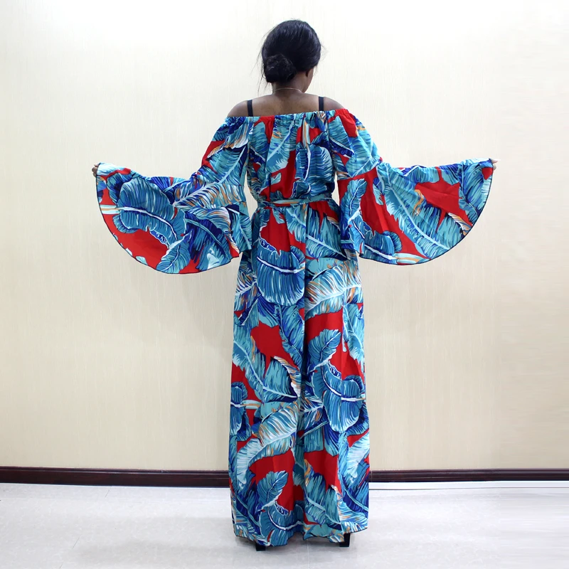 African Dashiki Fashion Design Green Palm Leaf Pattern Printed Off Shoulder Butterfly Sleeve Elegant Vacation Style Women Dress |
