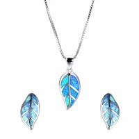fashion opal leaves jewelry set for women imitation blue fire opal pendant necklace earrings women wedding band jewelry