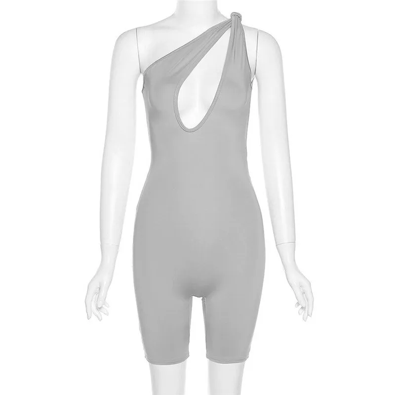 

One Shoulder Cut Out Biker Shorts Rompers New Sleeveless Sporty Workout Activewear Playsuits Black Casual Women Clothing