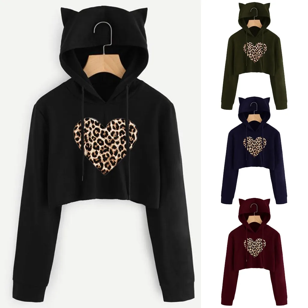 

Womens Cat-Ear Long Sleeve Hoodie Sweatshirt Pullover Tops Blouse Heart Print Female Casual Warm Hooded Sweatshirt Hoodie#G