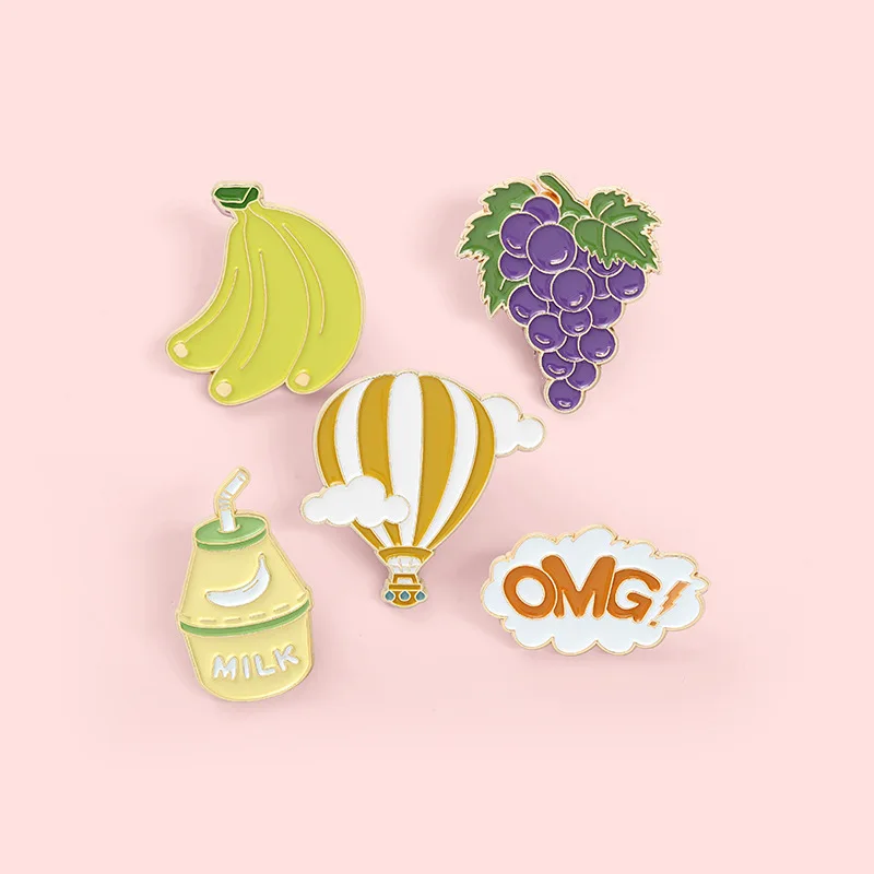 

Cartoon Fruits Grape Banana Metal Enamel Pin Cute Milk OMG Text Brooch Backpack Clothes Lapel Pin Jewelry Gift for Friends