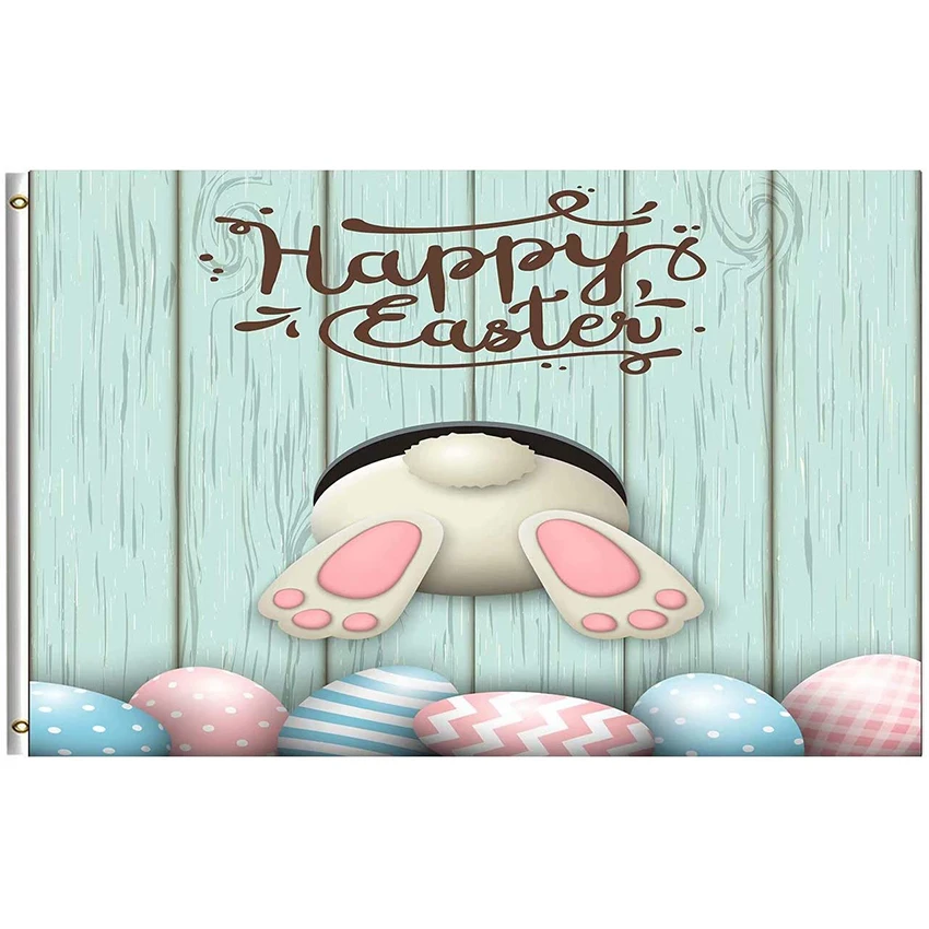 Happy Easter Flag 3x5FT Bunny Tail Rabbit Easter Eggs Welcome Spring House Banner for Home Party Easter Decor Single Sided