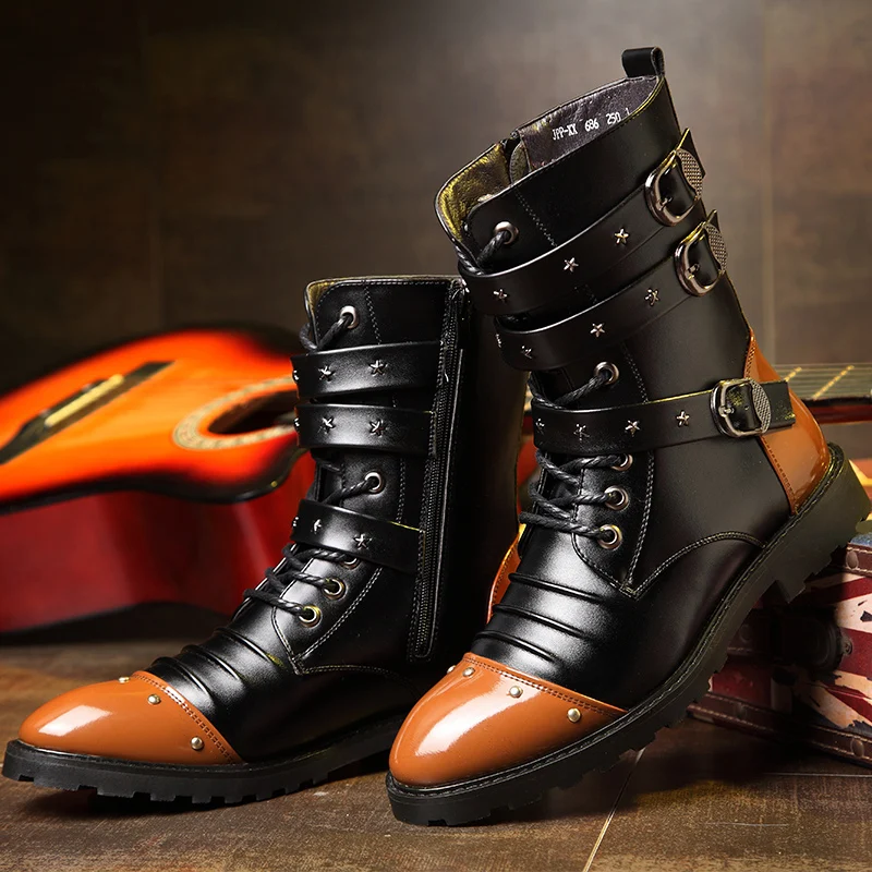 

Punk Style Men Motorcycle Boots Designer Buckle Leather Boots For Men Retro Cowboy Boots Top Quality Brand Military Martin Boots