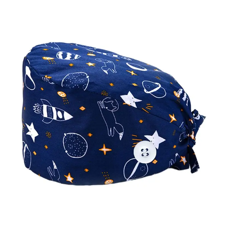 

37 Colors Unisex Adjustable Working Scrub Cap with Protect Ears Button Electrocardiogram Embroidery Floral Print High Quality