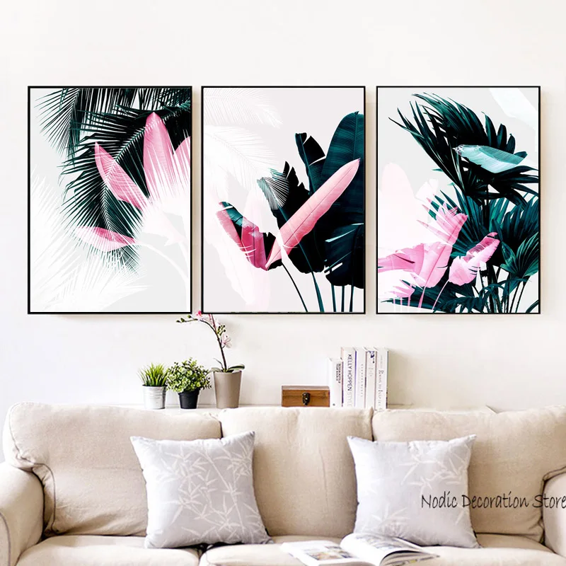 Скандинавский постер с розовыми и зелеными листьями абстрактный художественный