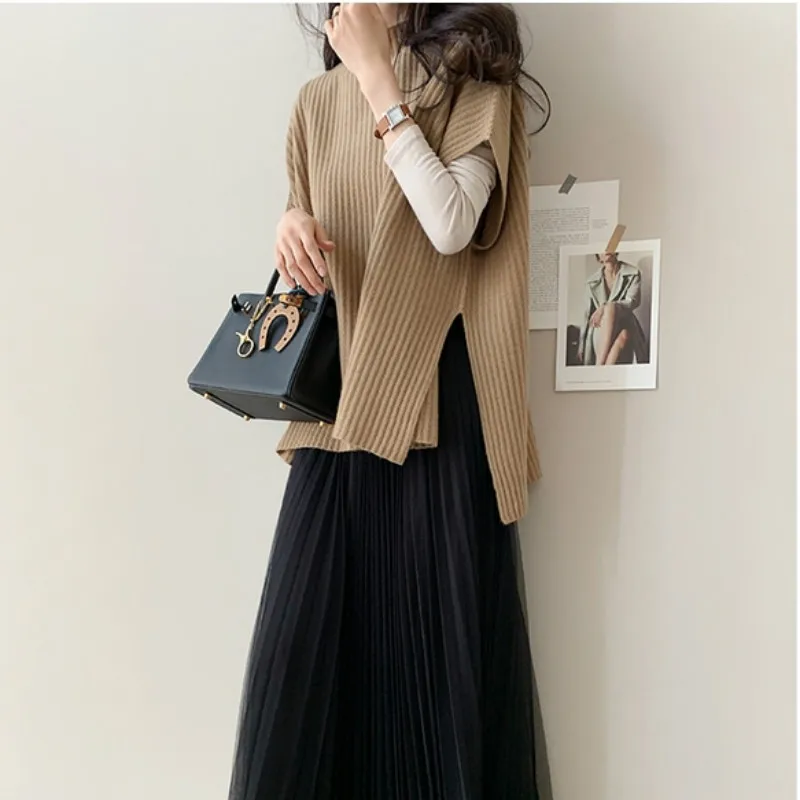

Women Fall Winter Slim Sleeveless Tank Sweater Knitted Pullover Cloak Jumper Split Pull Femme Elegant Sueter Mujer Jersey