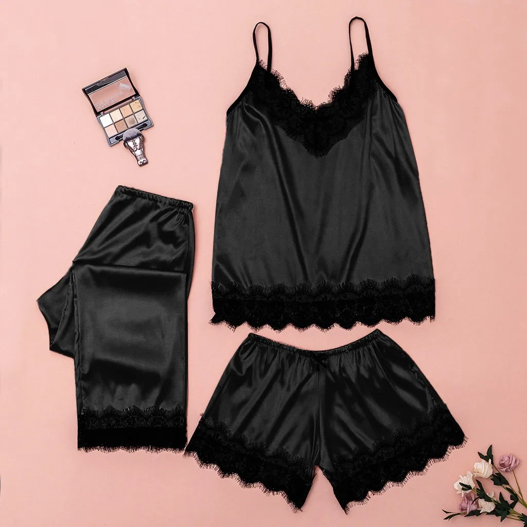 Black 3 шт., женское сексуальное нижнее белье, одежда для сна, кружевная атласная пижама, нижнее белье, камзол, брюки с бантом, пижама, одежда для сна, пижама - Цвет: Black