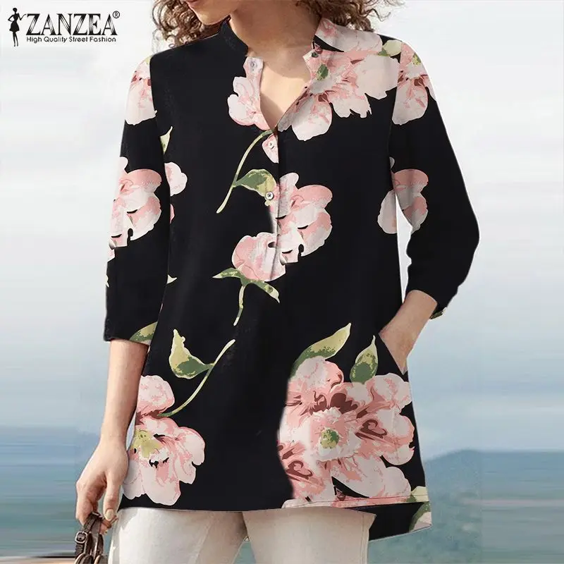 

Three Quarter Sleeve Blouse ZANZEA Spring Side Pockets Tunic Loose Floral printed Blusas Casual Elegant Button Holiday Chemise