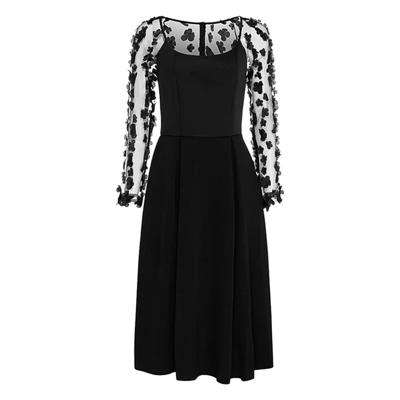 

ICHOIX Night Out Contrast Mesh Appliques Pleated Square Neck Knee Length Dress Autumn Modern Lady Workwear Women Dresses