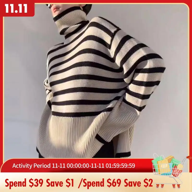 

FAKUNTN Turtleneck Striped Sweaters Vintage Wide Sleeve Kintted Pullovers Ladies Atumun New Casual Split Knitted Tops 2021