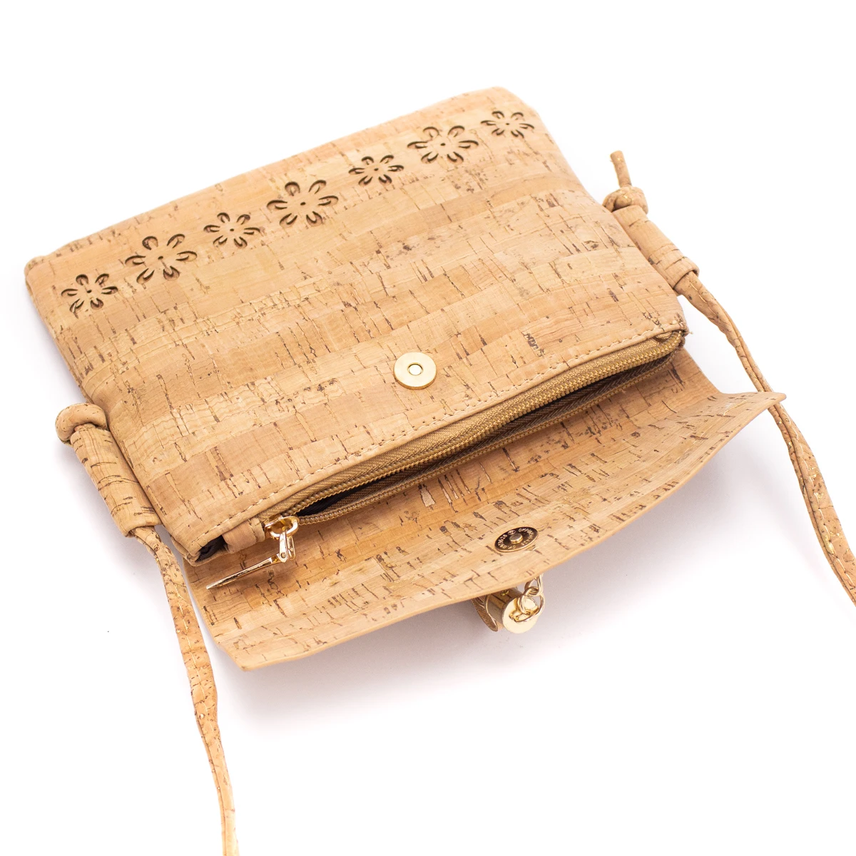 Женская маленькая сумка-мессенджер из натуральной пробки с кисточкой лазерной