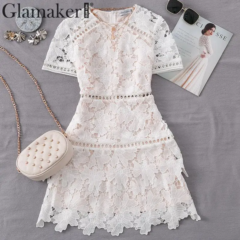 Glamaker, сексуальное белое короткое Кружевное Вечернее Платье, женское осеннее платье трапециевидной формы с цветочным рисунком, элегантные различные модели для девочек