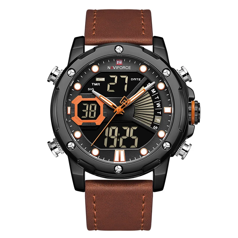 Black Orange Мужские часы NAVIFORCE модные спортивные кварцевые часы мужские кожаные водонепроницаемые наручные часы светодиодный Аналоговый Цифровой Часы Relogio Masculino - Цвет: Black Orange