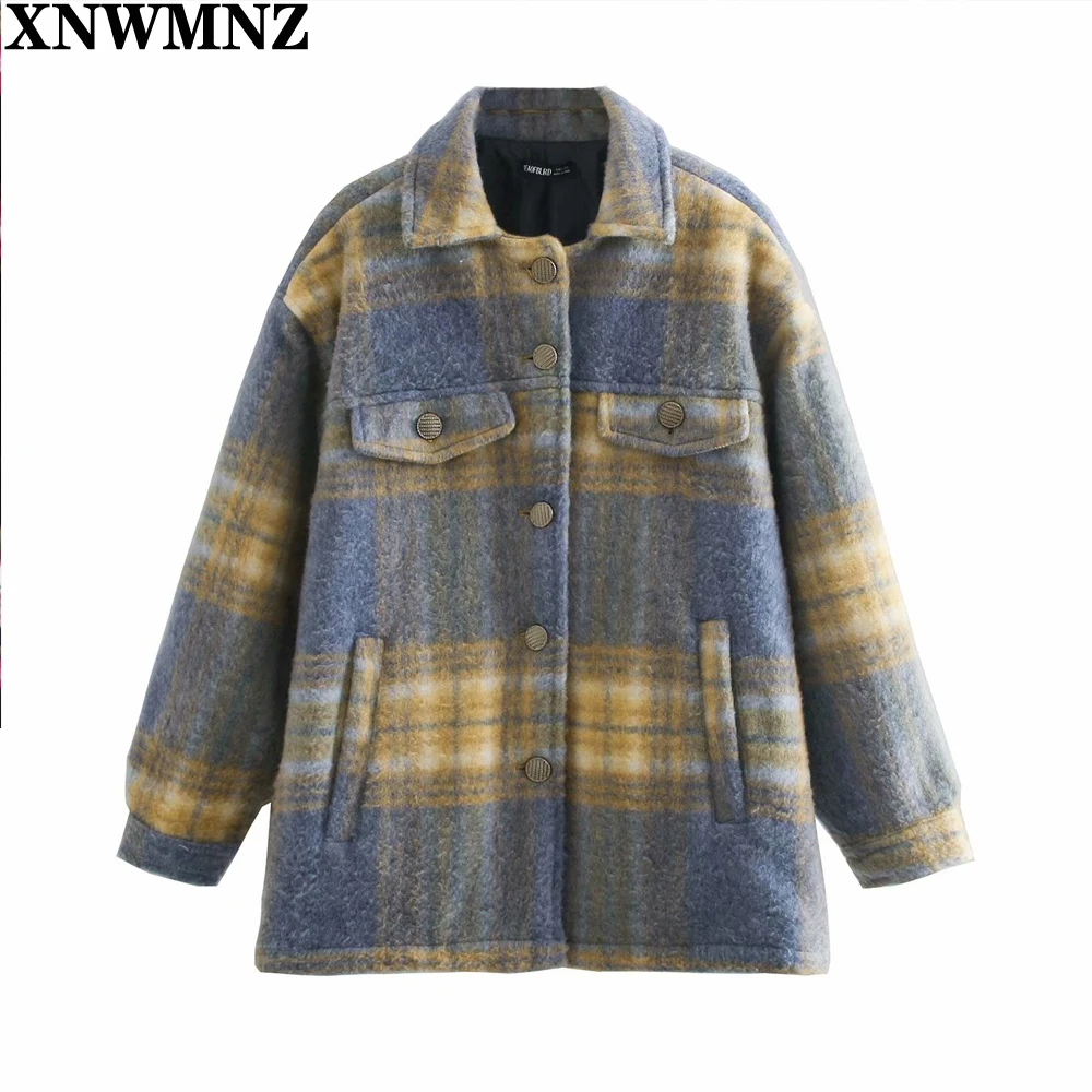 

XNWMNZ za 2021 Women oversize check overshirt Casual loose Woolen Jacket Coat Female Vintage Long Sleeve Outerwear Chic Overcoat