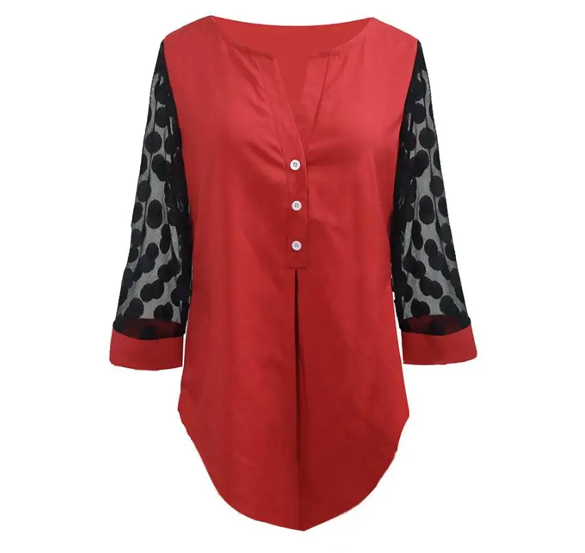 

Women Blouse Shirt Solid Black Tops O-Neck Button Splice Mesh Lace Nine Points Sleeve 2020 Autumn Casual Loose Shirt Plus Size