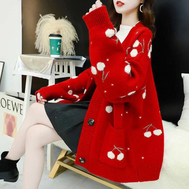 

Fruit Cherry Embroidery Knitted Cardigan Autumn V Neck Oversize Woman Sweater Cardigan Jacket Winter Warm Knitwear