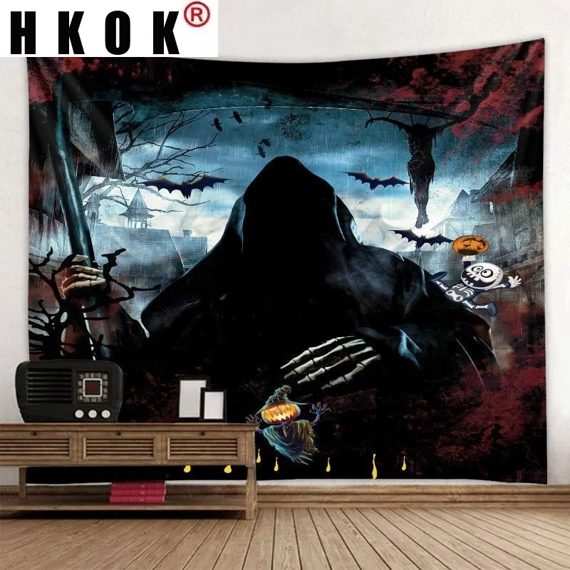 

HKOK Haunted Halloween Tapestry Wall Hanging Fabric Mural Background Cloth Wall Rugs Towel Beach Blanket Dorm Living Home Decor